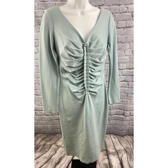 Escada V-Neck Knee-Length Dress - Smocked Blue Size 38 US 6 - Picture 2 of 11